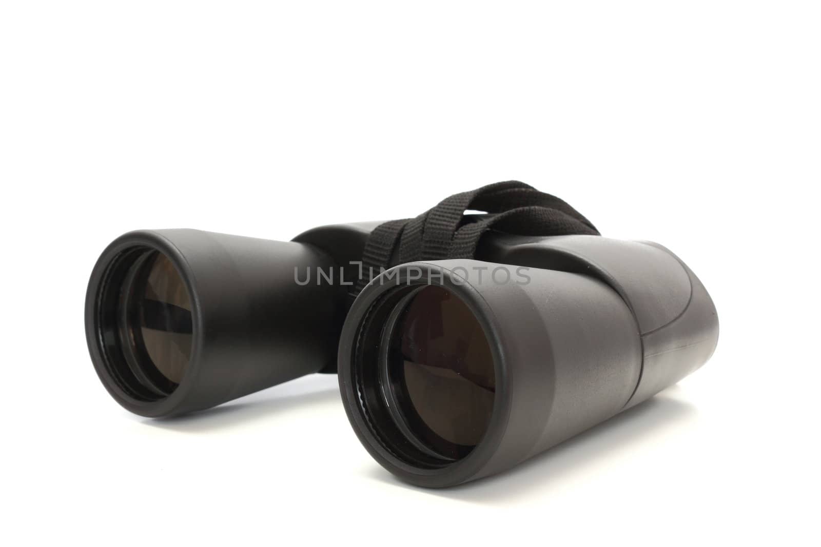 perspective of binoculars with shadow on white background
