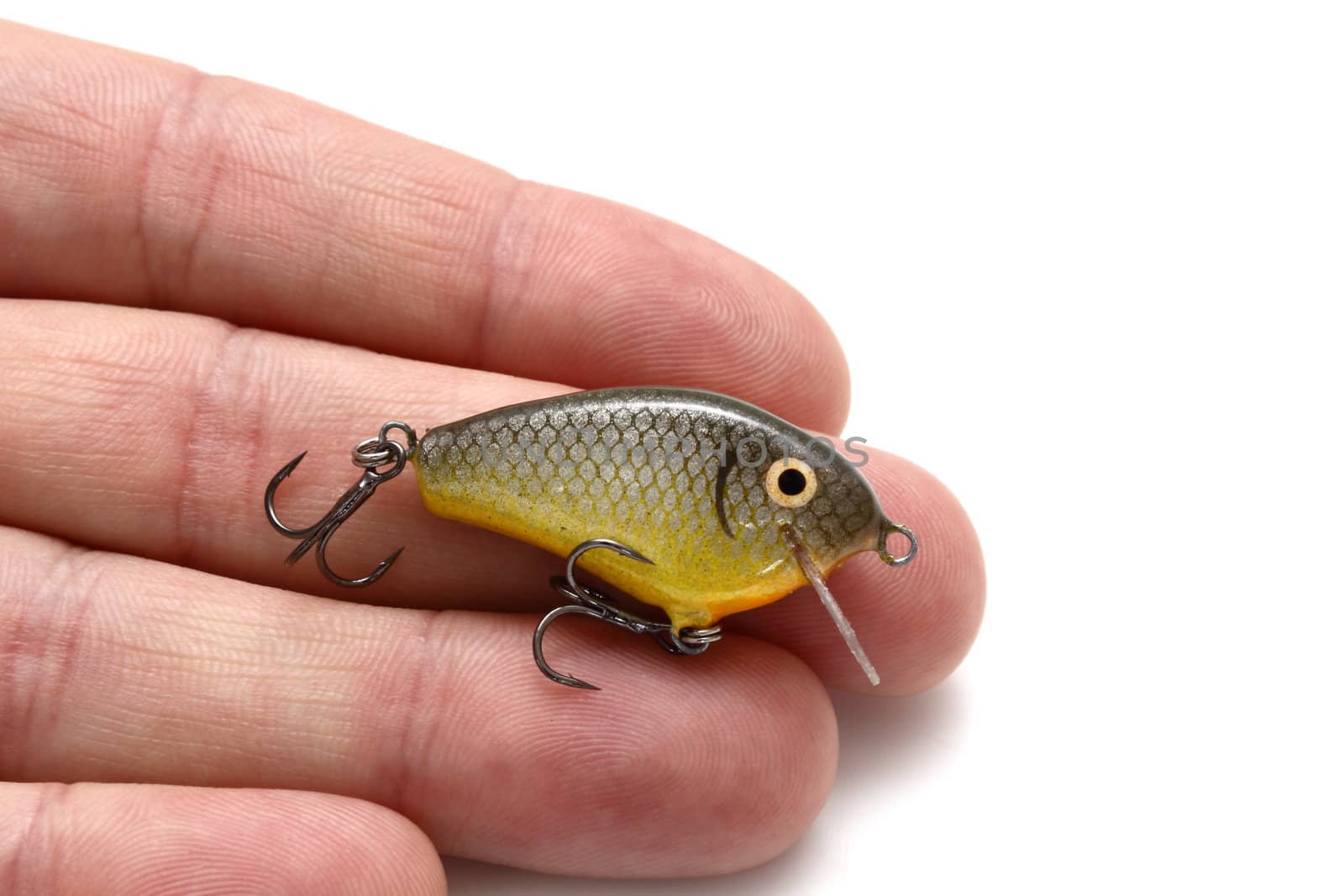 trout fishing lure in hand over white background
