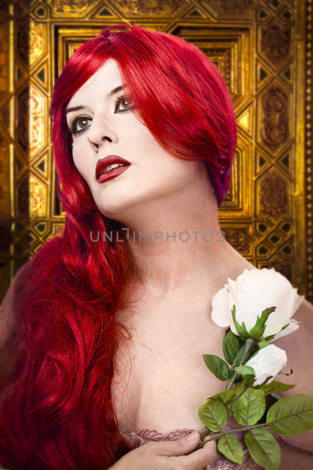 Gothic woman with white rose in her hand, gold ornament background