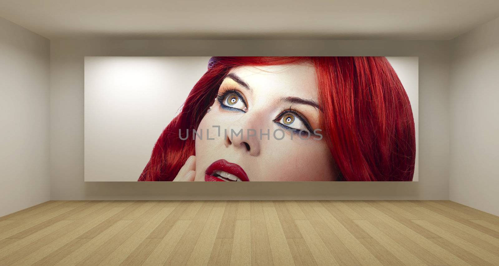 Empty room with red hair young picture, art gallery concept, 3d illustration