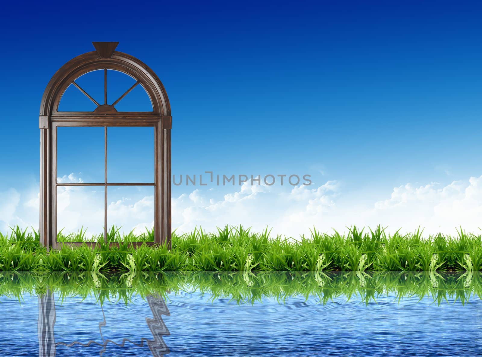 window wood on the grass with the bright sky