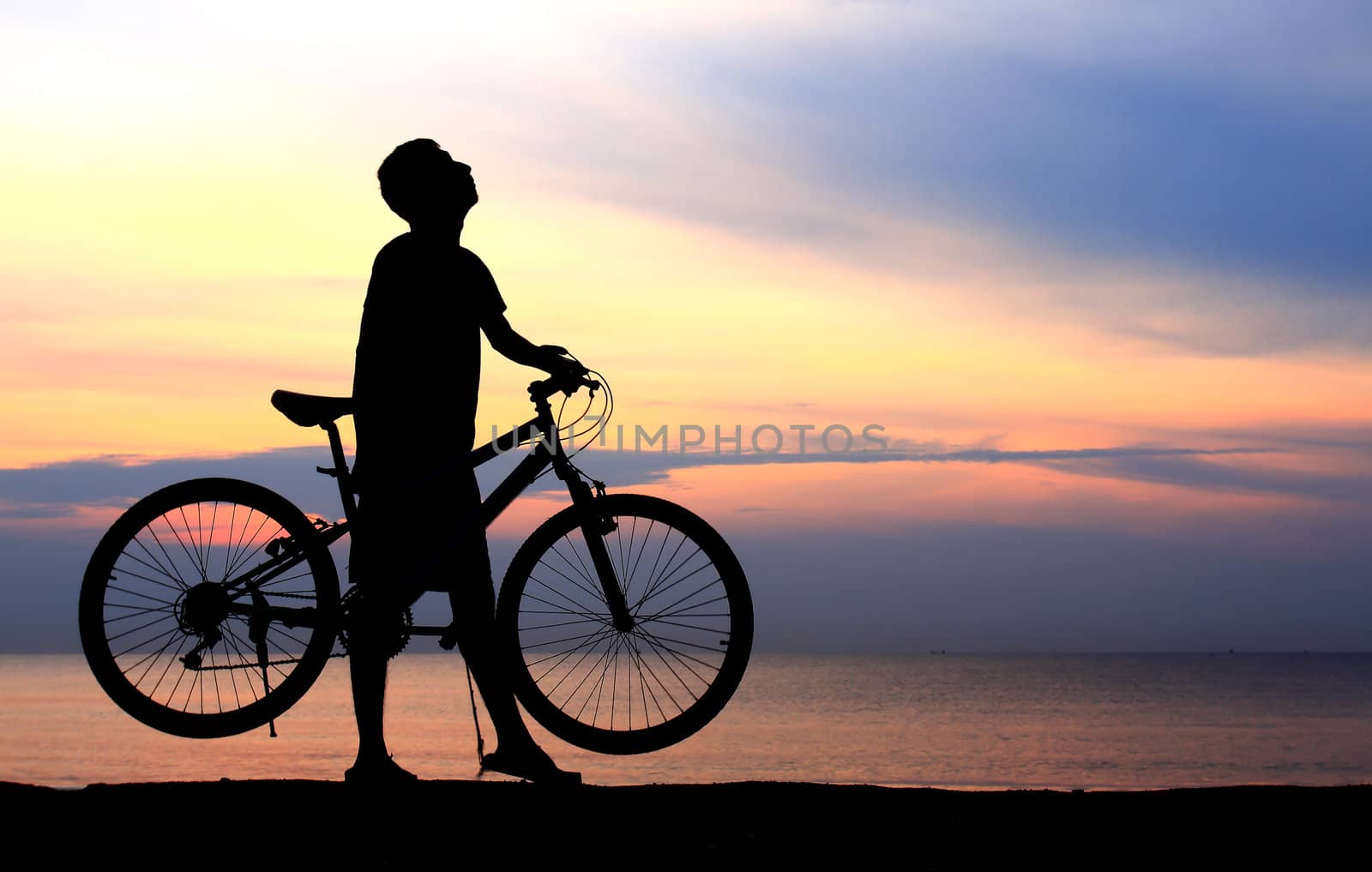 Silhouette of man riding bicycle with beautiful lake near by at sunset