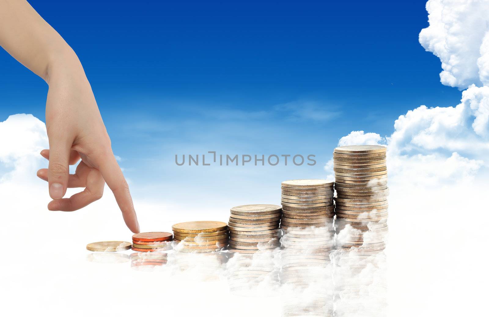 Invest. Conceptual image.  and lot of coins over blue sky backgr by rufous