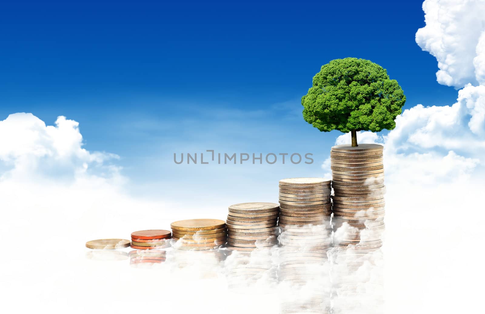 Invest. Conceptual image.  and lot of coins over blue sky backgr by rufous