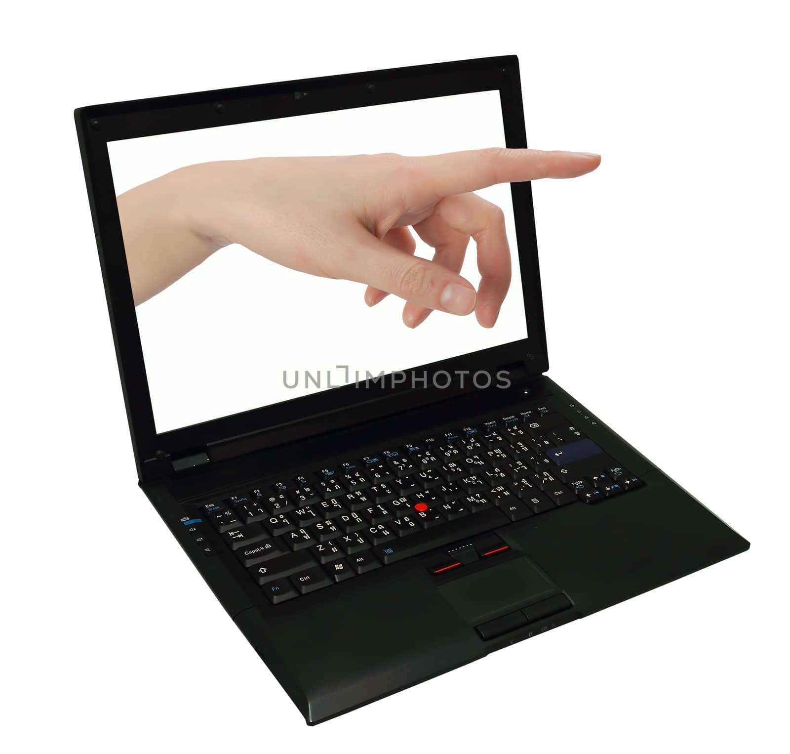 Computer keyboard and hand isolated on white background