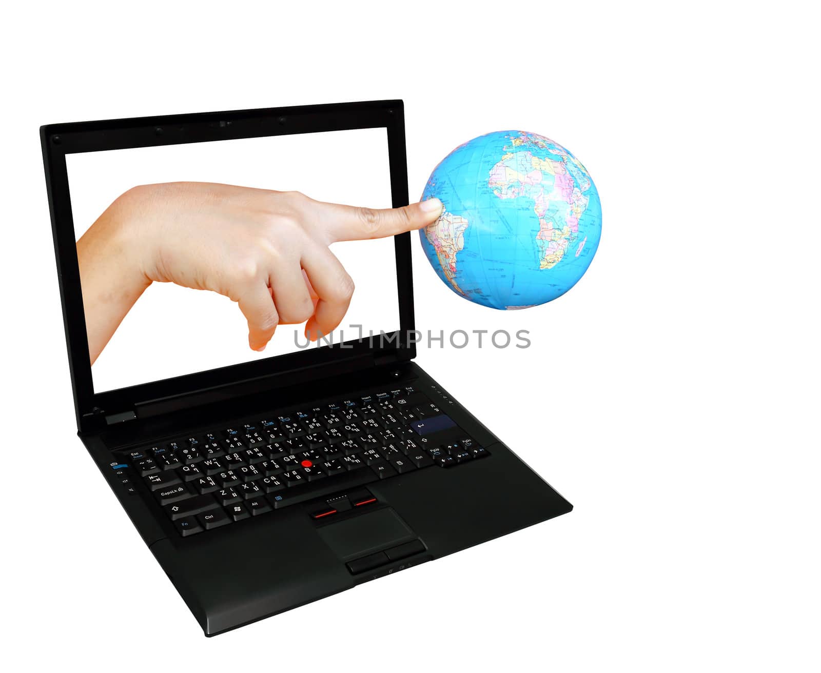hand with globe coming from laptop screen  by rufous