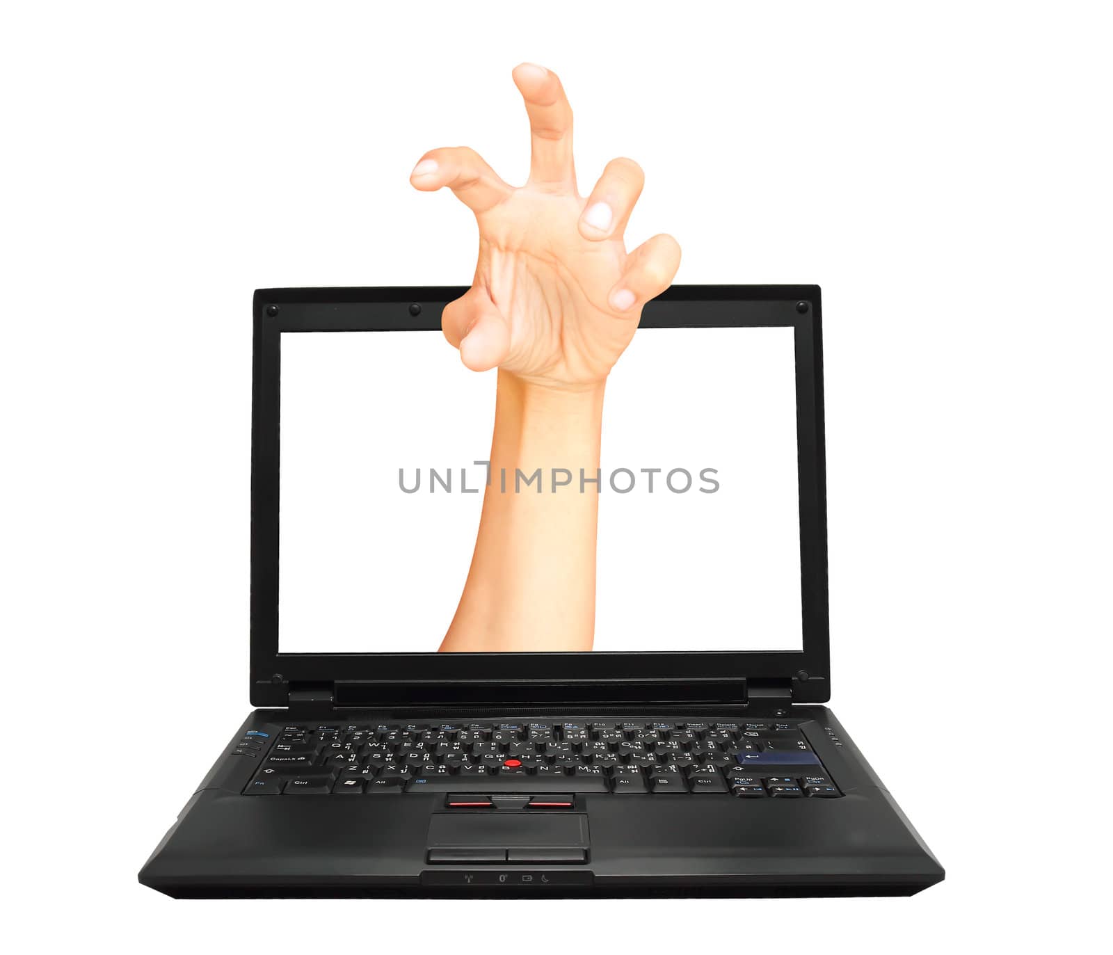 Hacker's hands are coming through laptop display  by rufous