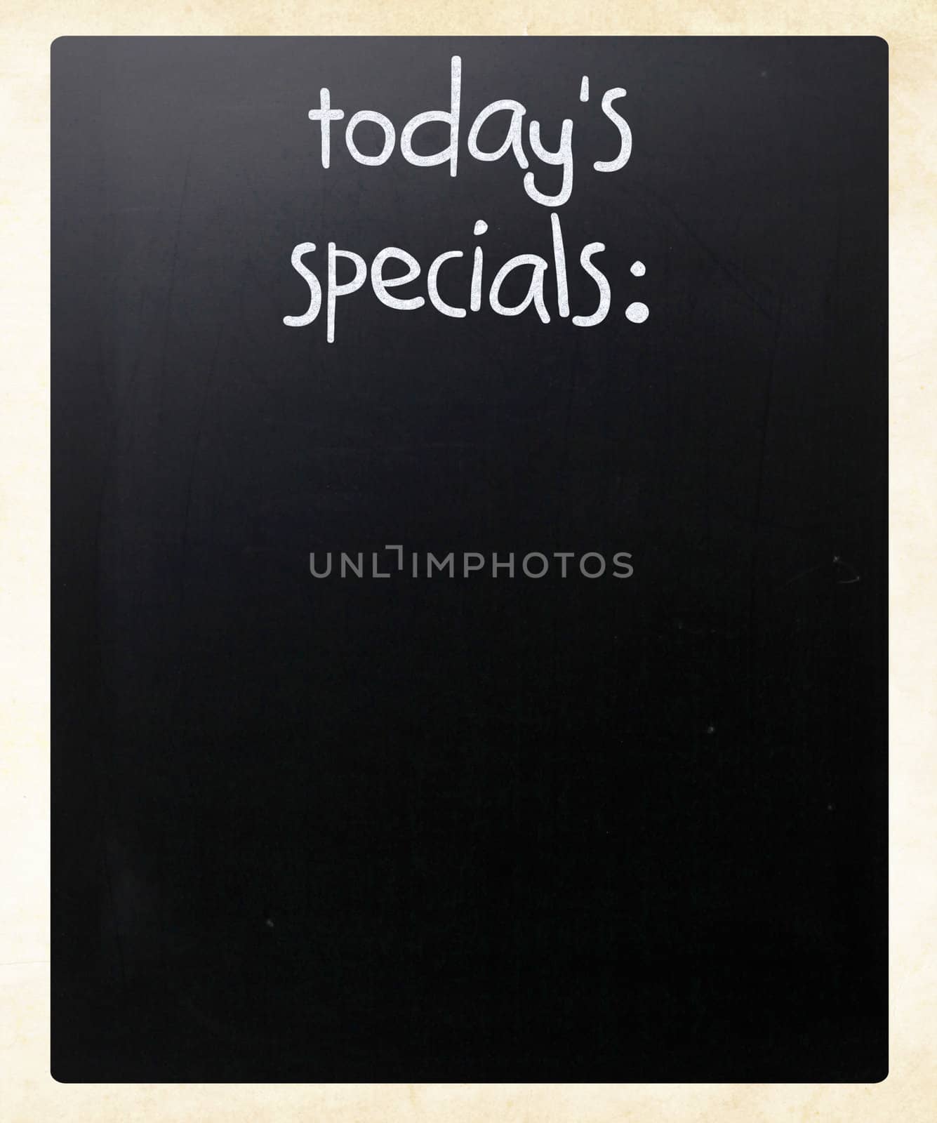 "Today's specials" handwritten with white chalk on a blackboard