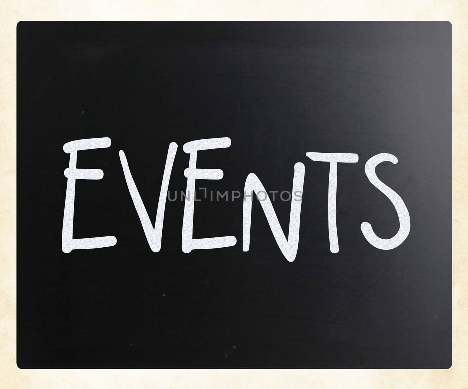 "Events" handwritten with white chalk on a blackboard