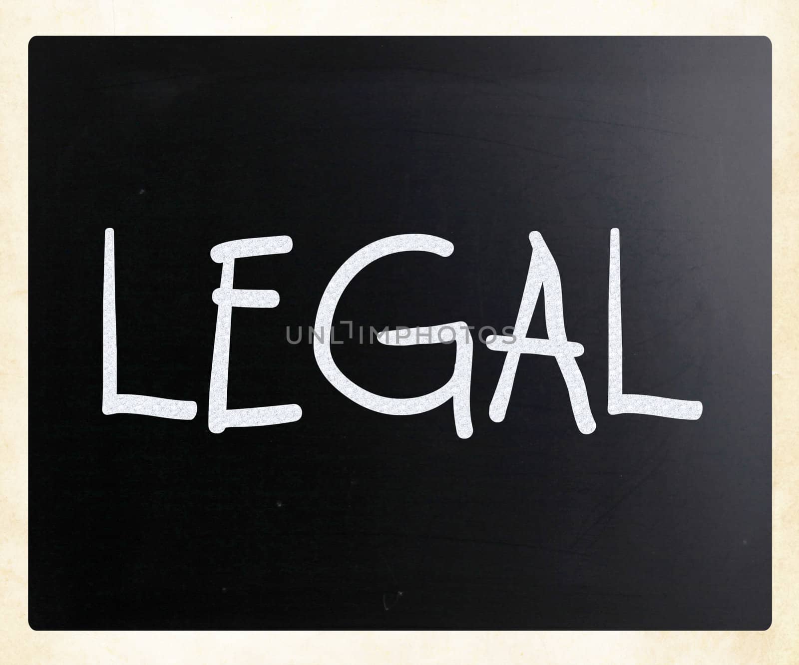 The word "Legal" handwritten with white chalk on a blackboard