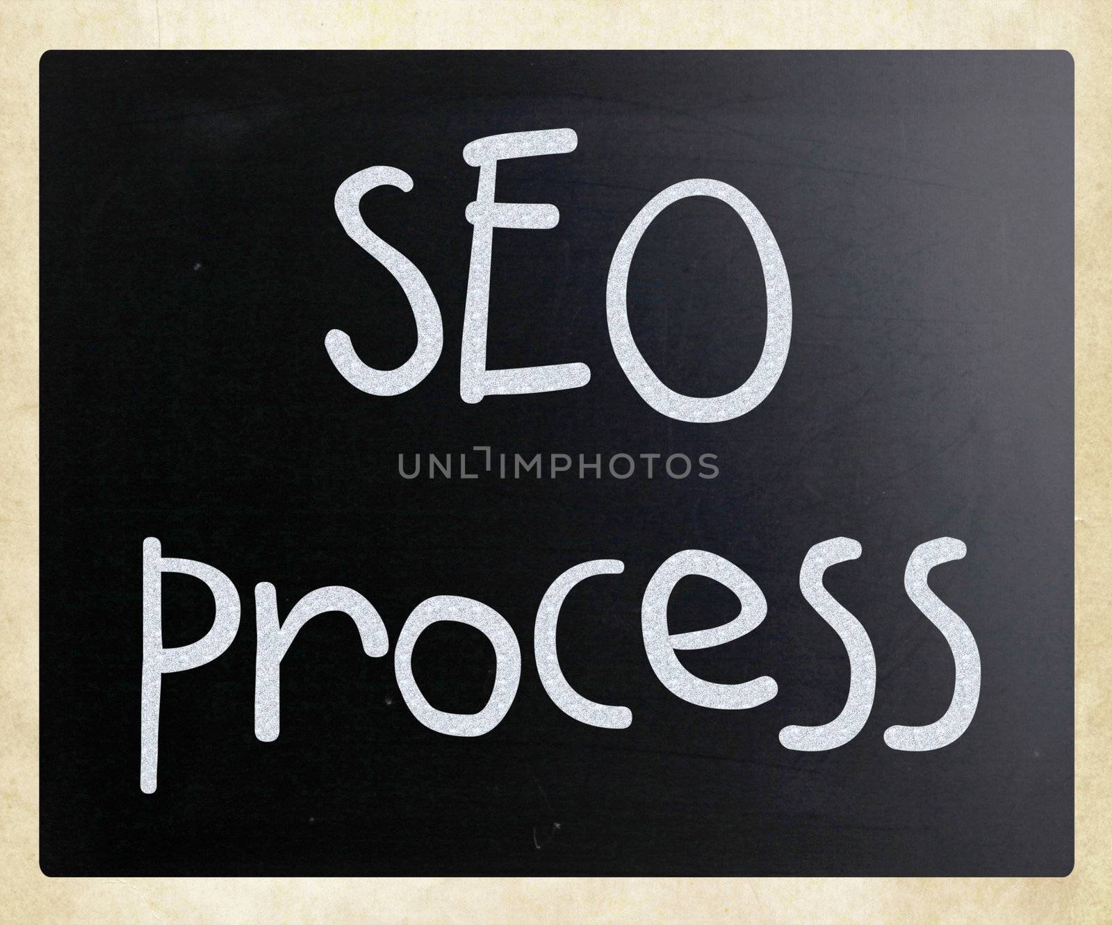 "SEO process" handwritten with white chalk on a blackboard