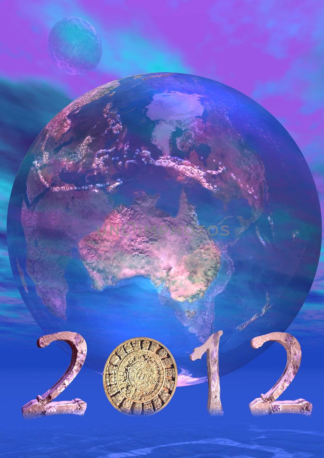 Aztec calendar instead zero in 2012 in front of a transparent blue earth