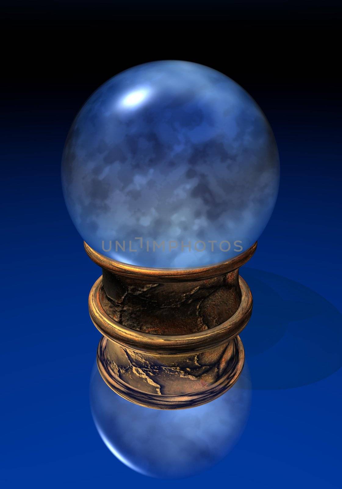 Blue crystal ball upon golden base in black and blue background