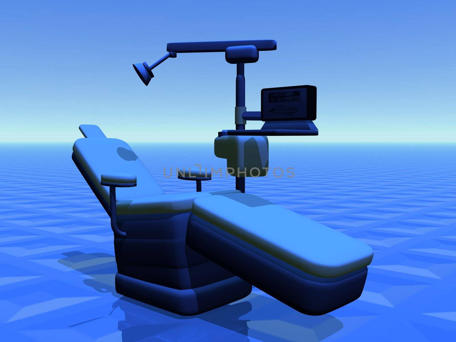 One modern dental chair in blue background