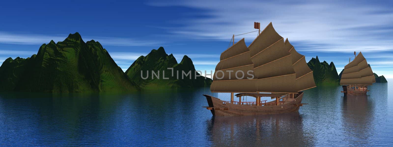 Two oriental junk boats on water next to mountains by dawn