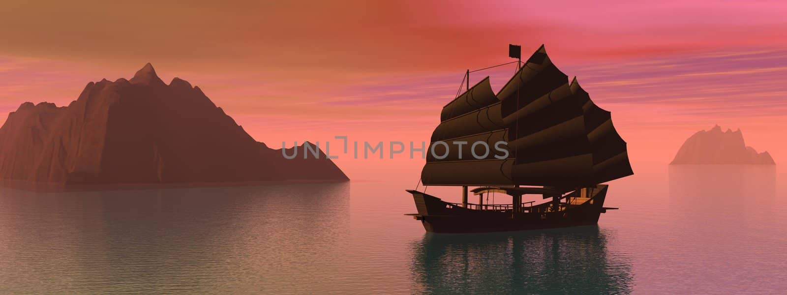 Silouhette of oriental junk boat on water next to mountains by sunset