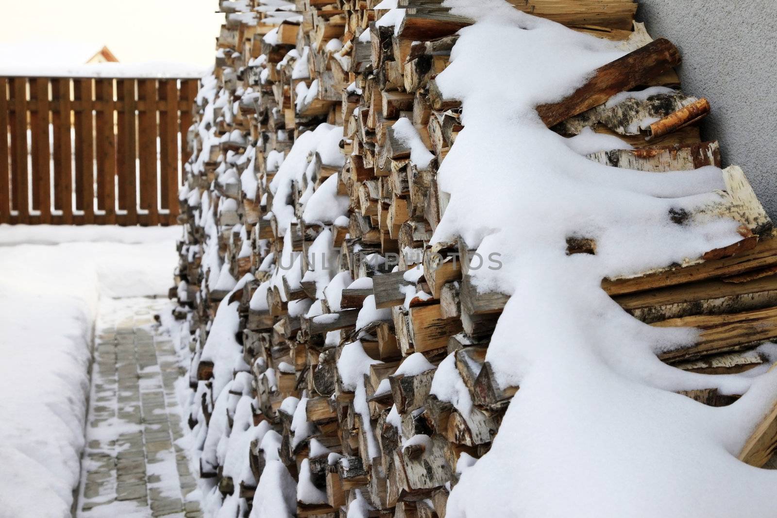 Fire wood for a fireplace in snow