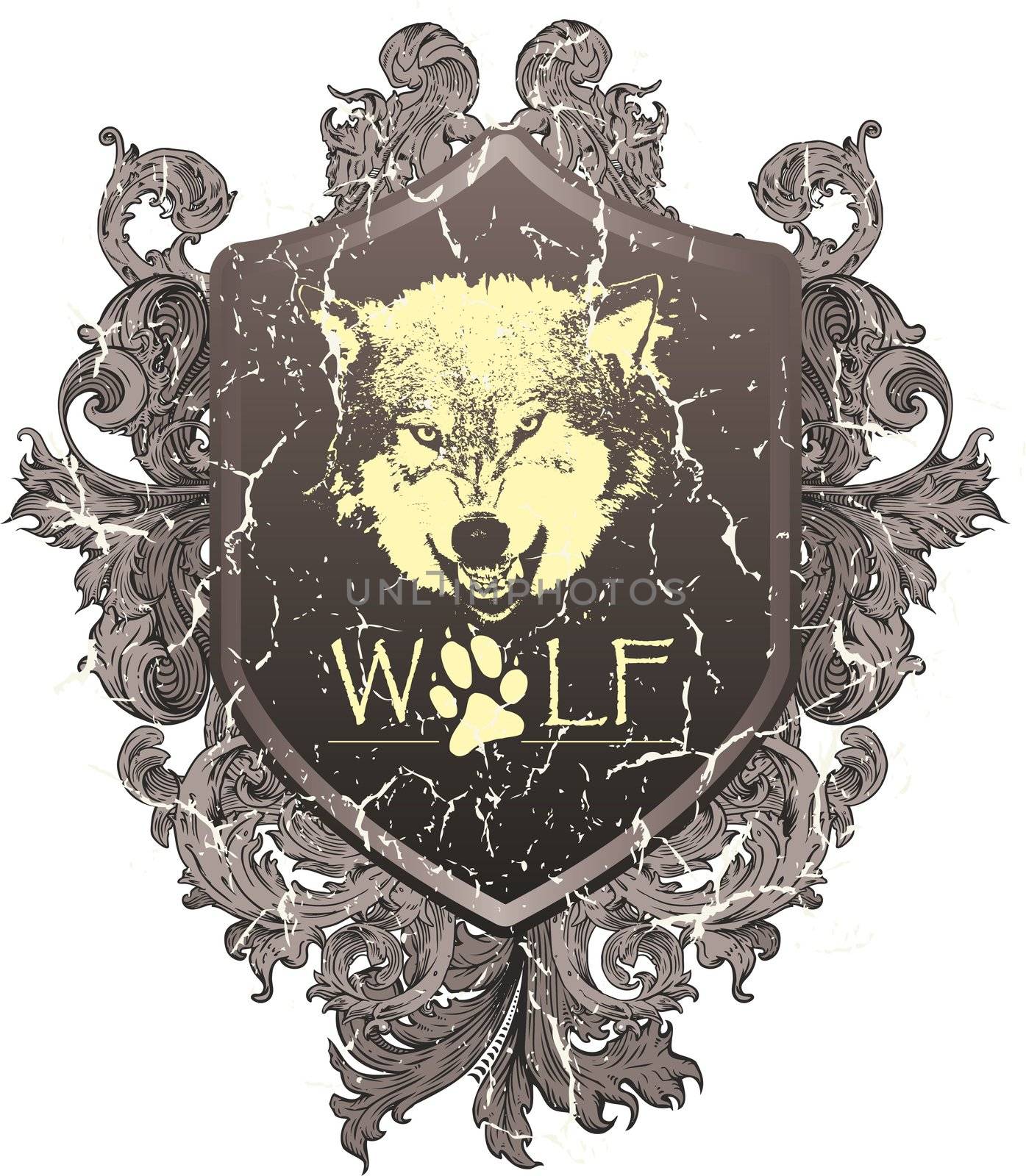 wolf bares its teeth, with a shield and rear leaves
