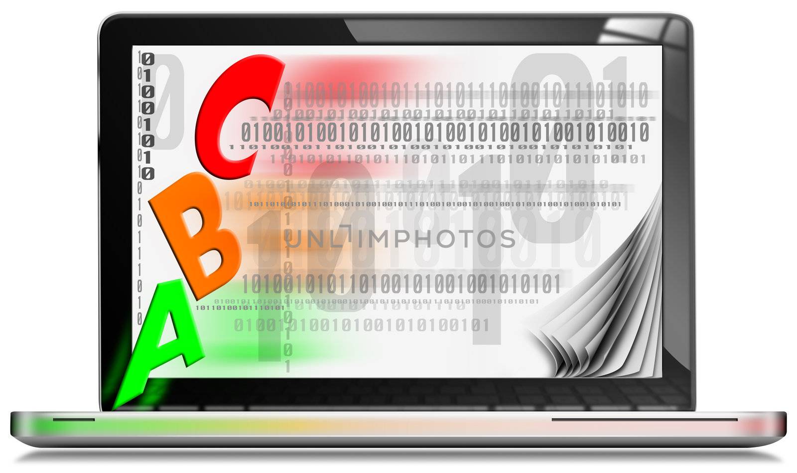 Silver laptop with written abc on the screen and binary code