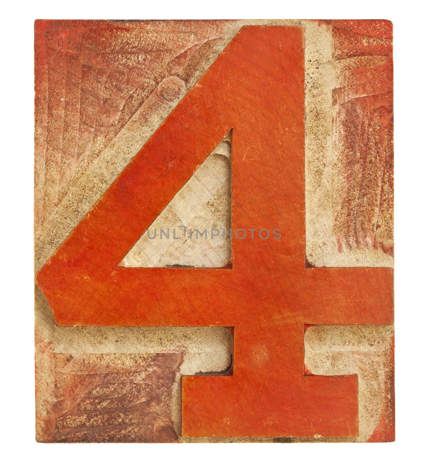 number four - isolated letterpress printing block stained by red ink