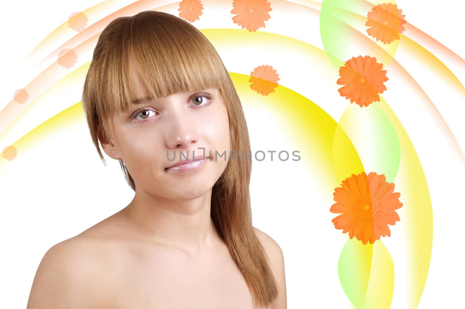 portrait of a beautiful natural young woman, with abstract background