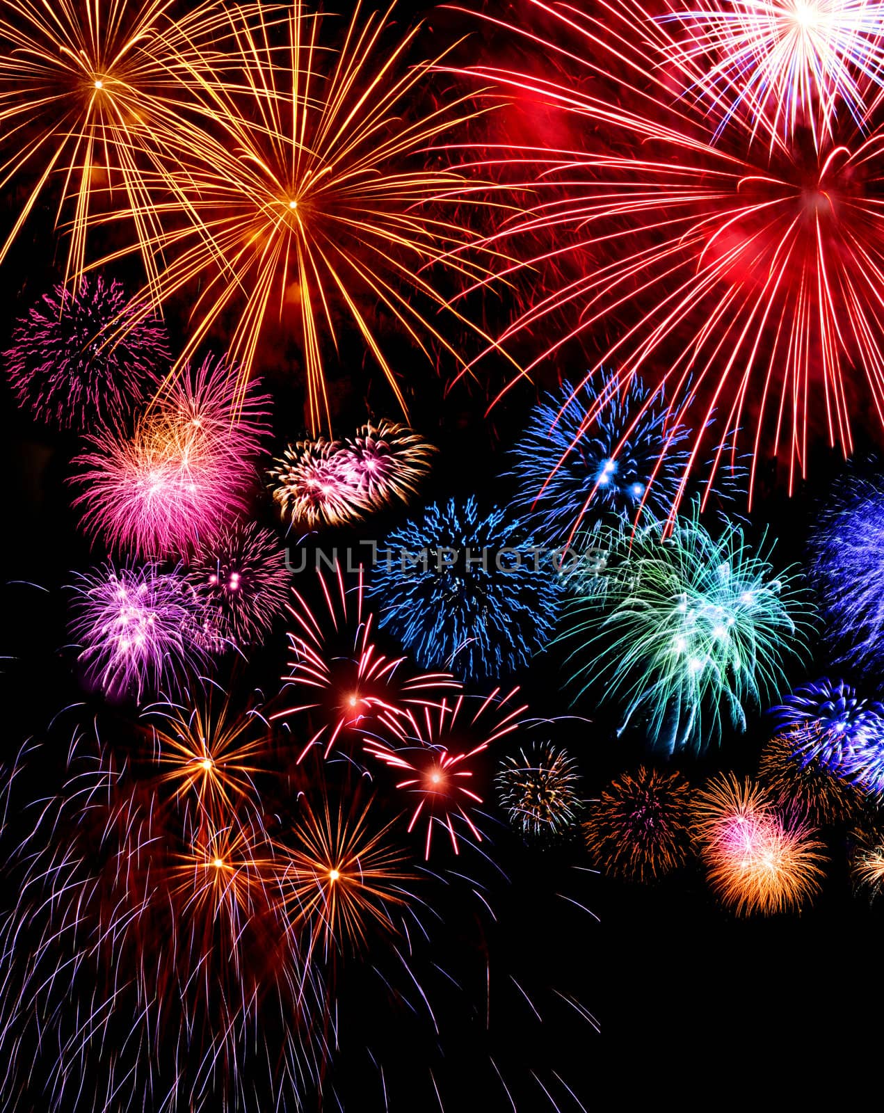 Big fireworks festive display collection against dark sky background