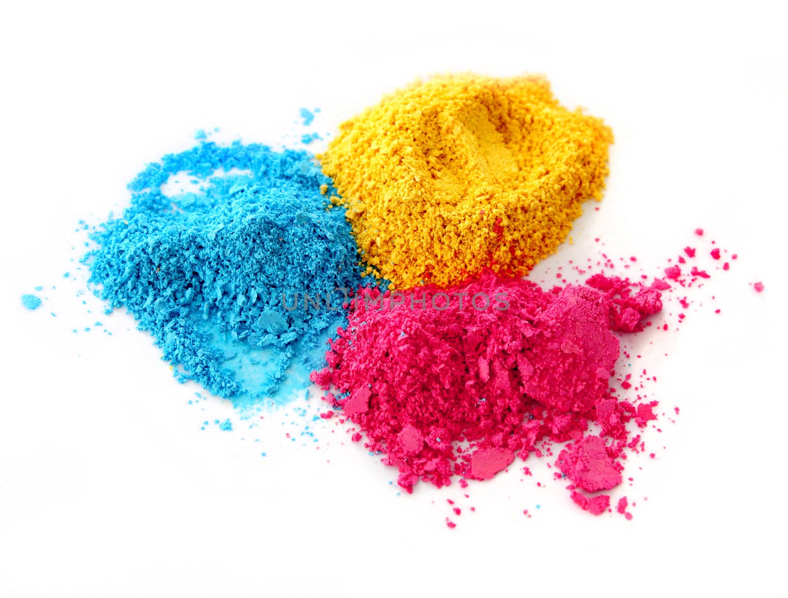 Color chalk powder cyan magenta yellow isolated on white background