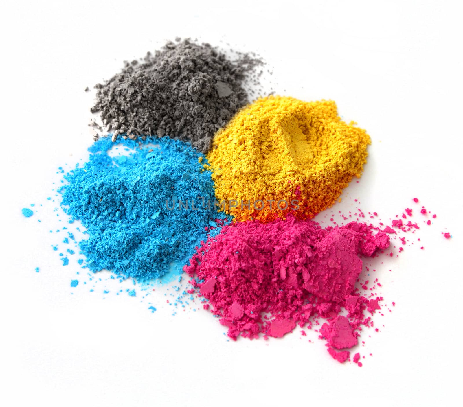 Color chalk powder cyan magenta yellow black isolated on white background