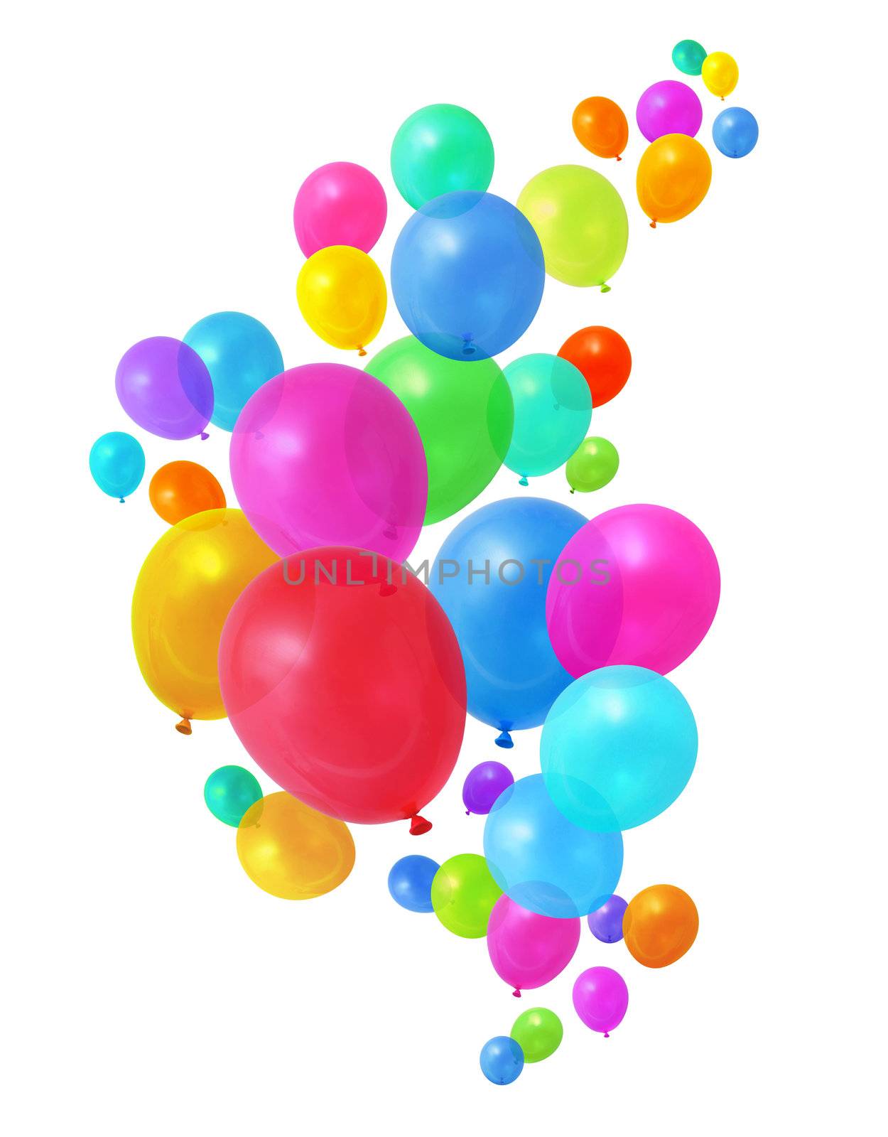Colorful birthday party balloons flying on white background