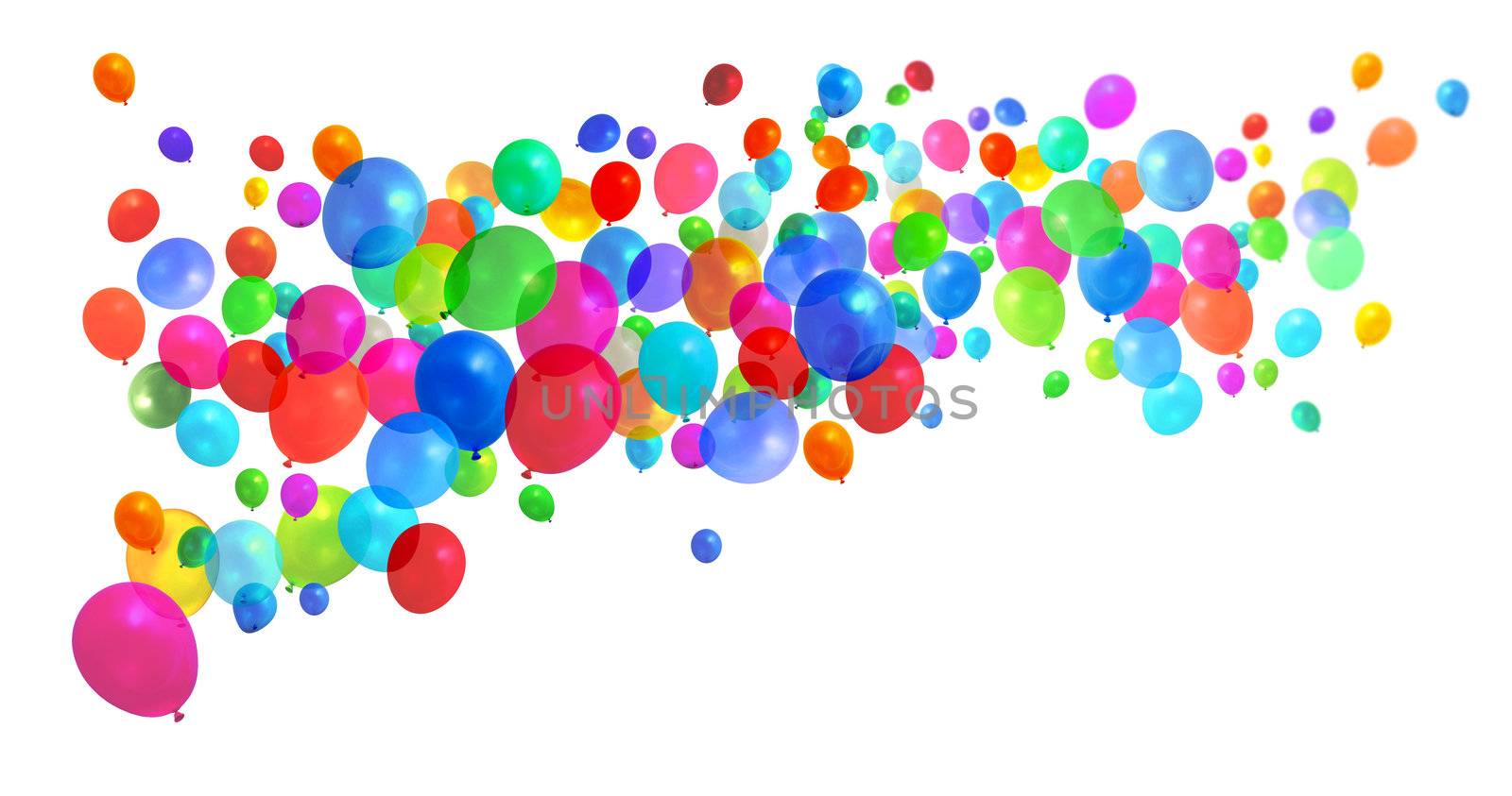 Lots of colorful birthday party balloons flying on white background