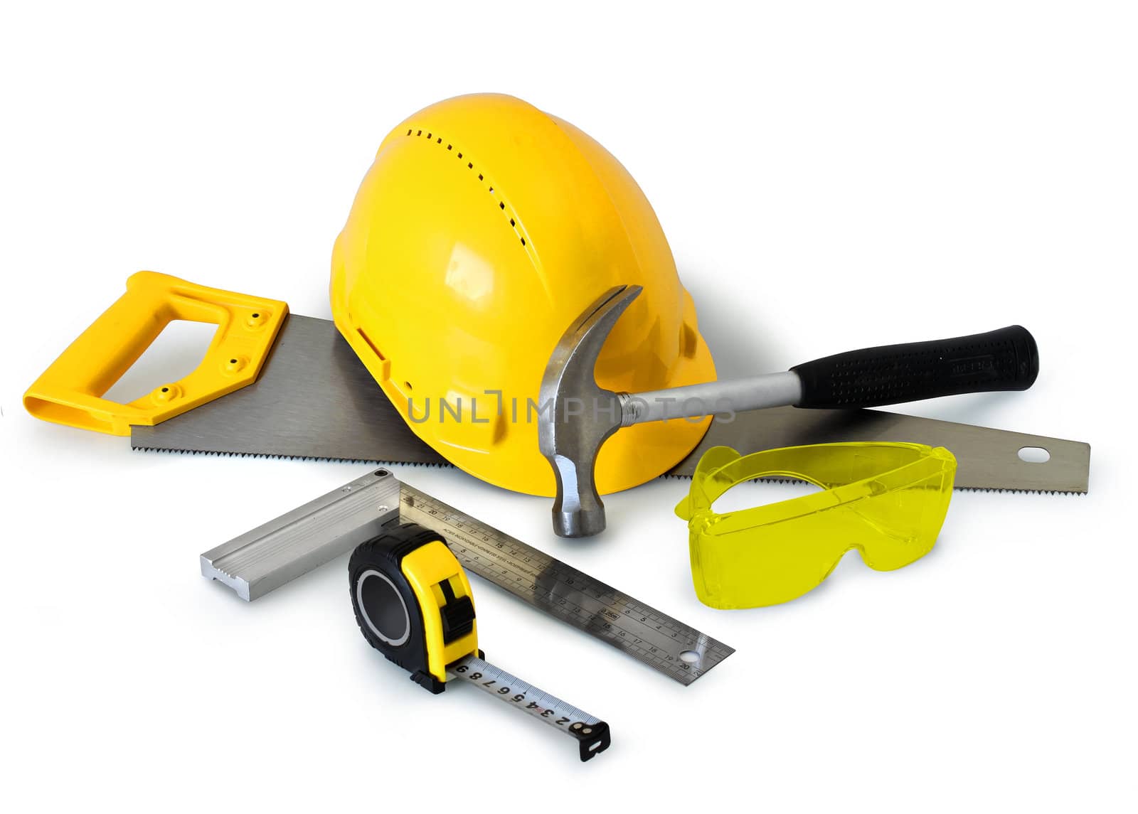 Construction tools gear and safety equipment on white background isolated