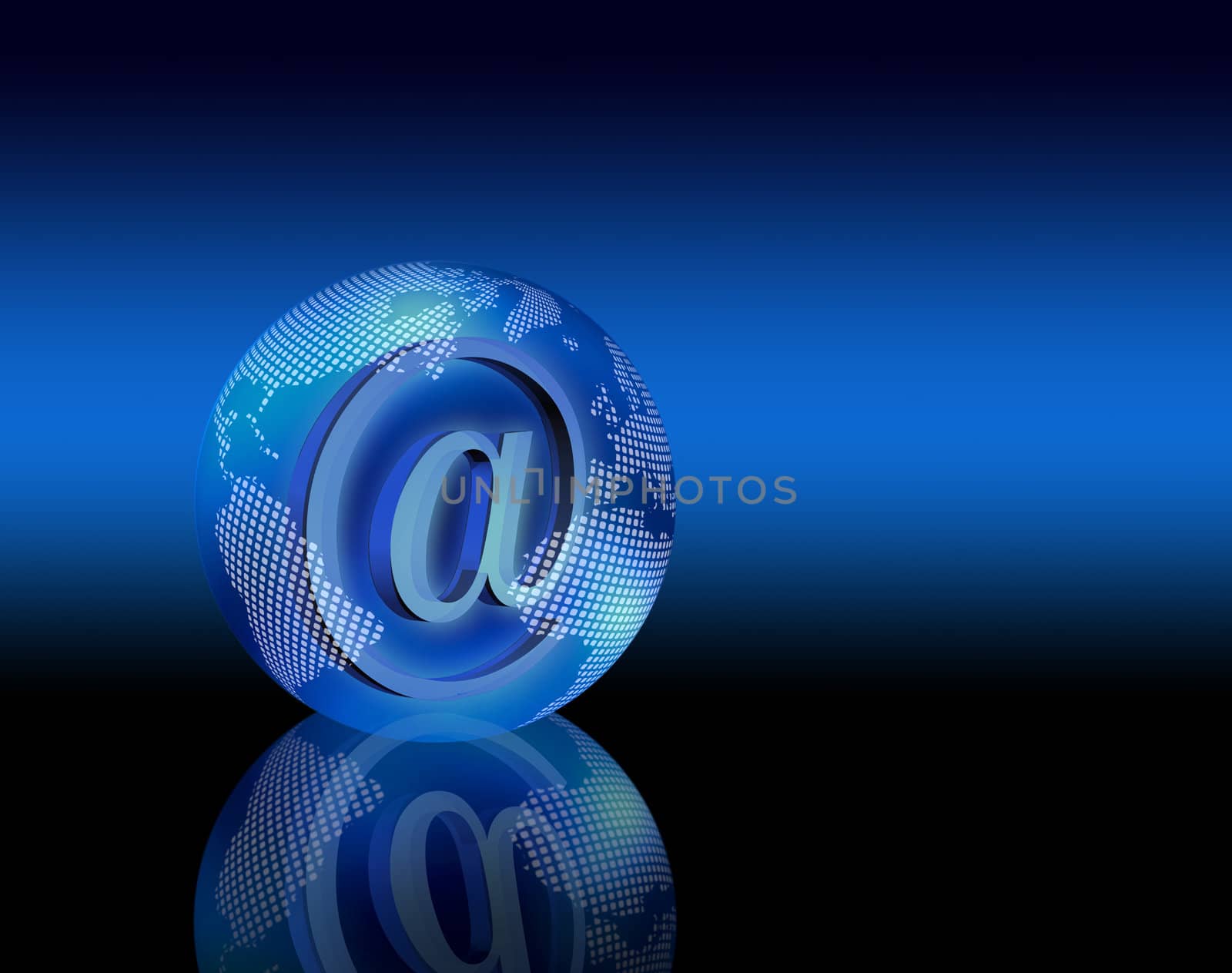 Transparent digital e-mail planet Earth globe on reflective dark blue background