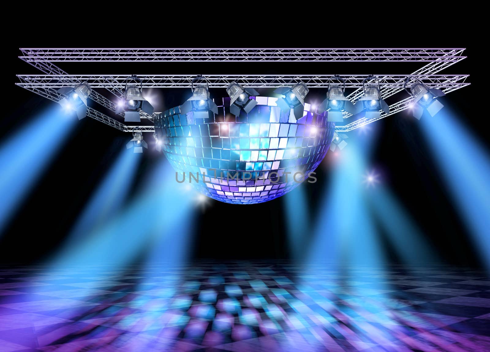 Stage lighting with professional spot lights, disco ball and truss construction