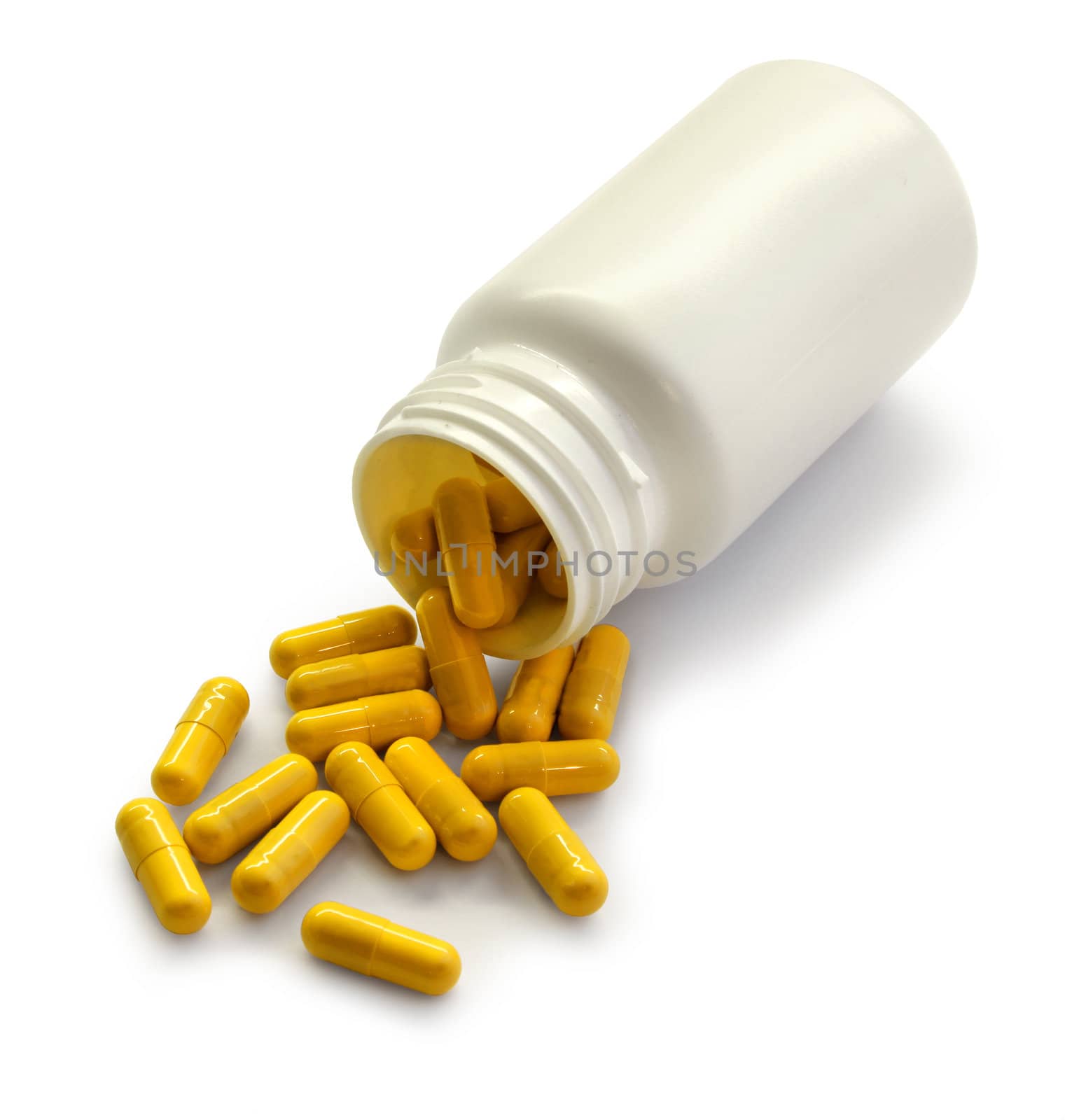Blank medicine pot open with yellow drug capsular