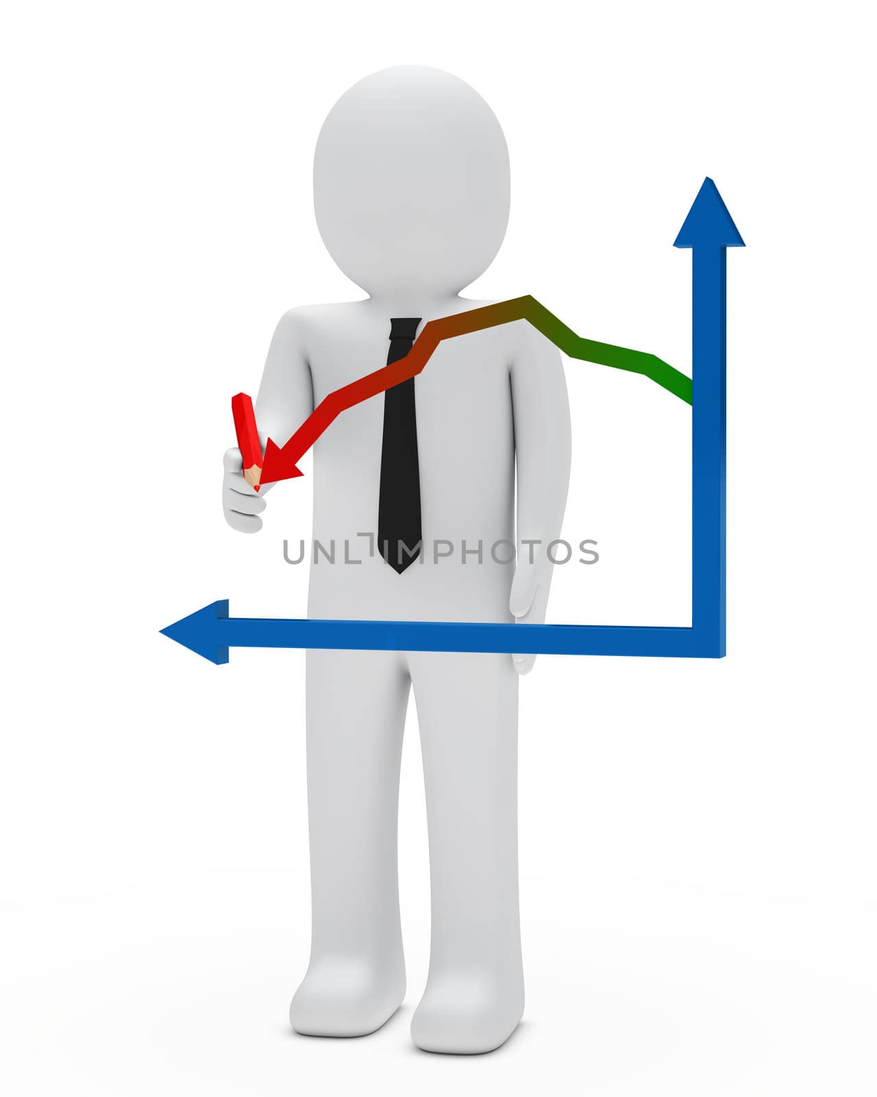 businessman with red pencil arrow graph down