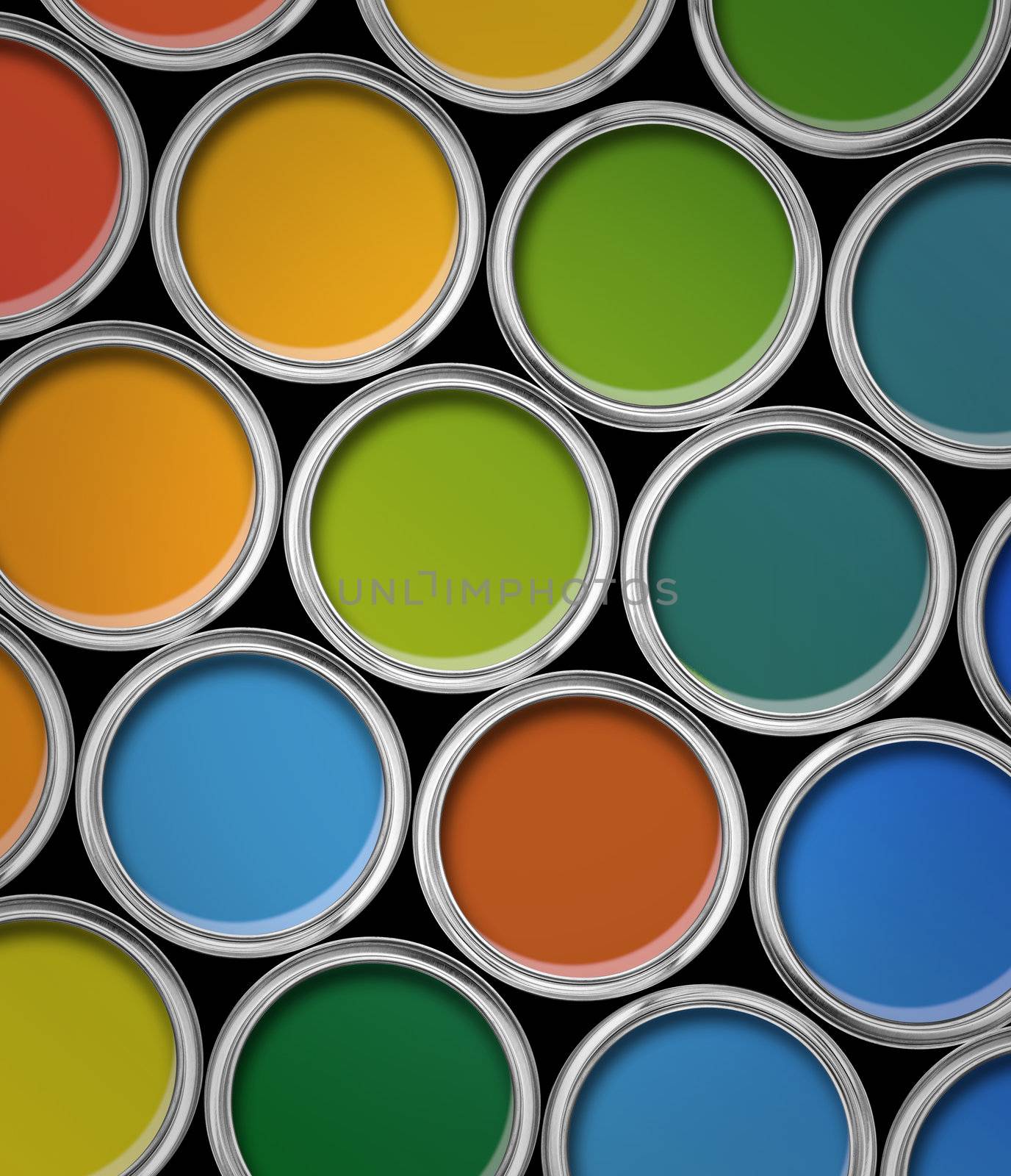 Paint tin color chart, cans opened top view, isolated on black