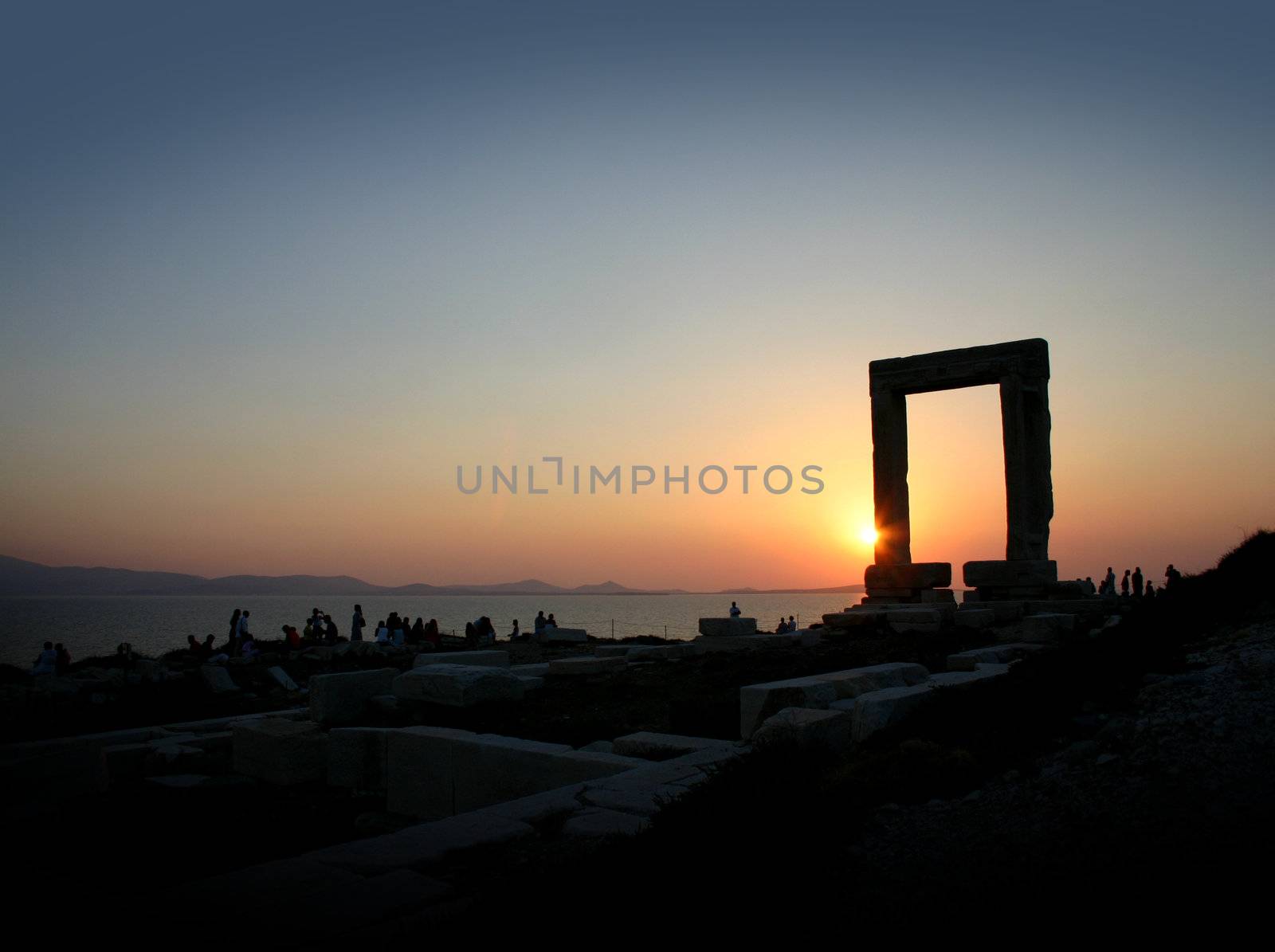 Temple of Apollo portara monument in sunset Naxos Island Greece