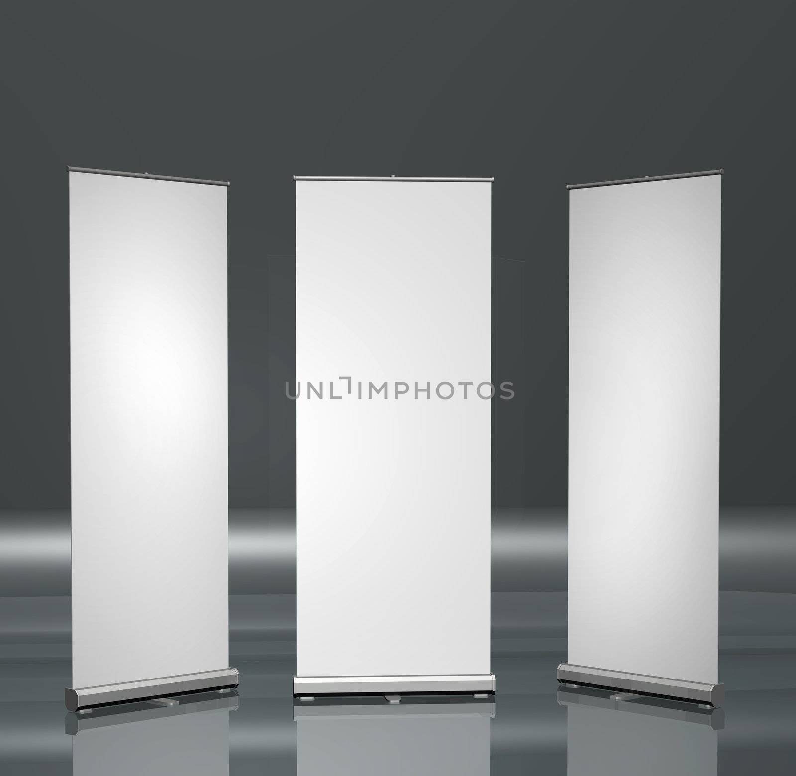 Three blank roll-up posters marketing promotion presentation