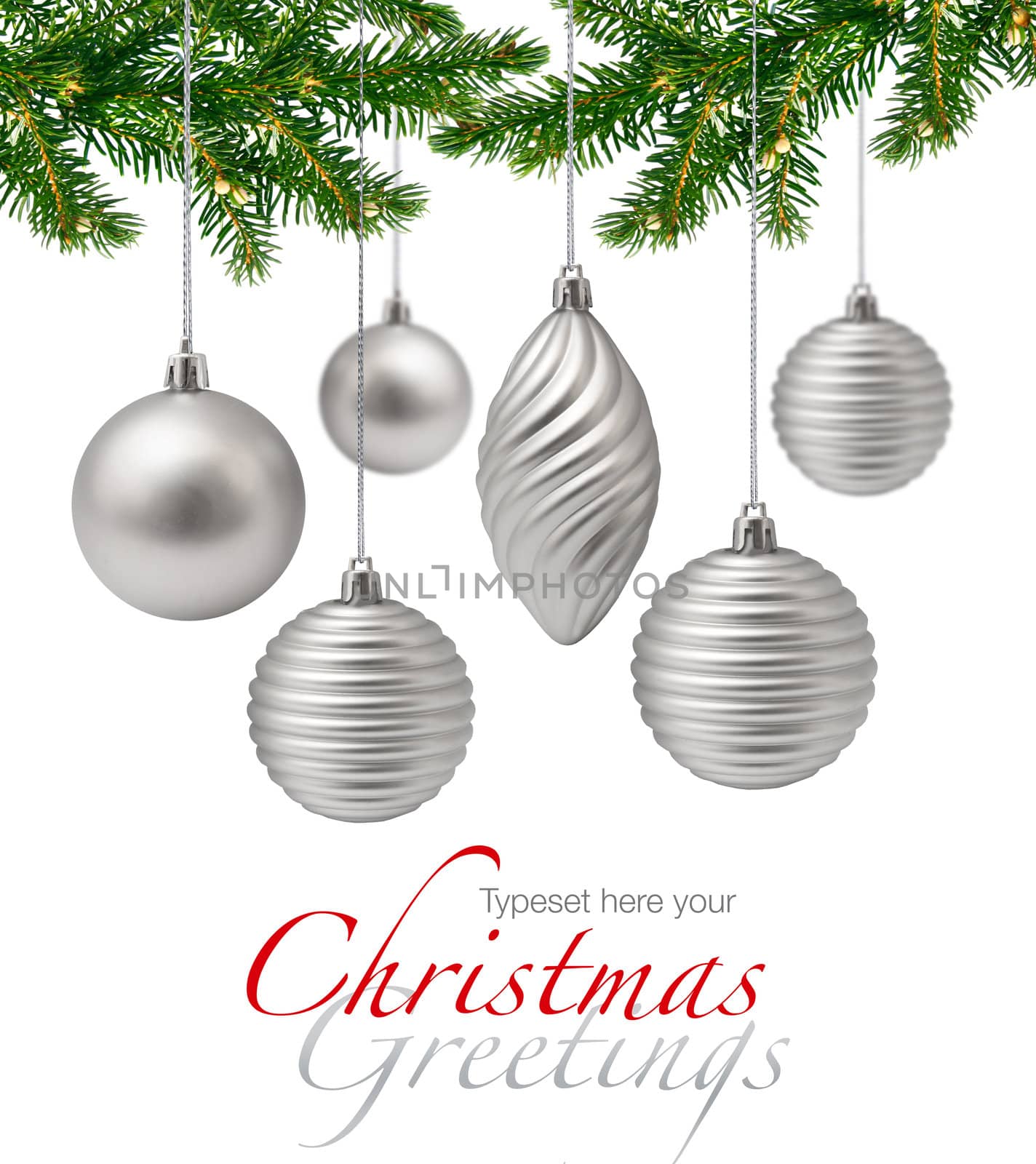 Silver Christmas decoration and spruce branches on white background