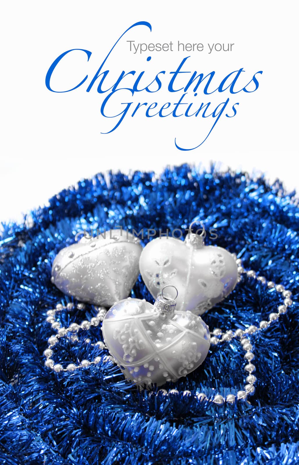 Silver Christmas hearts on blue decoration garland background