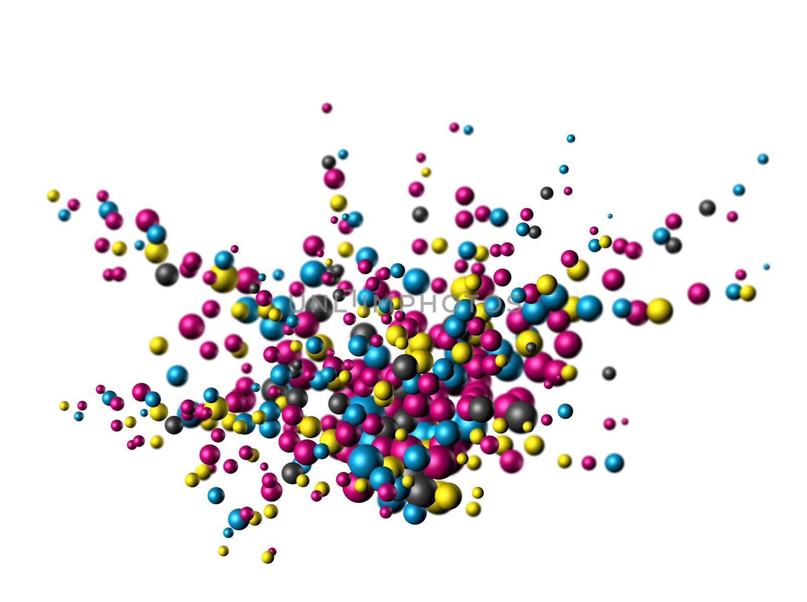 Cmyk colors atom nanoparticles exploding on white background isolated