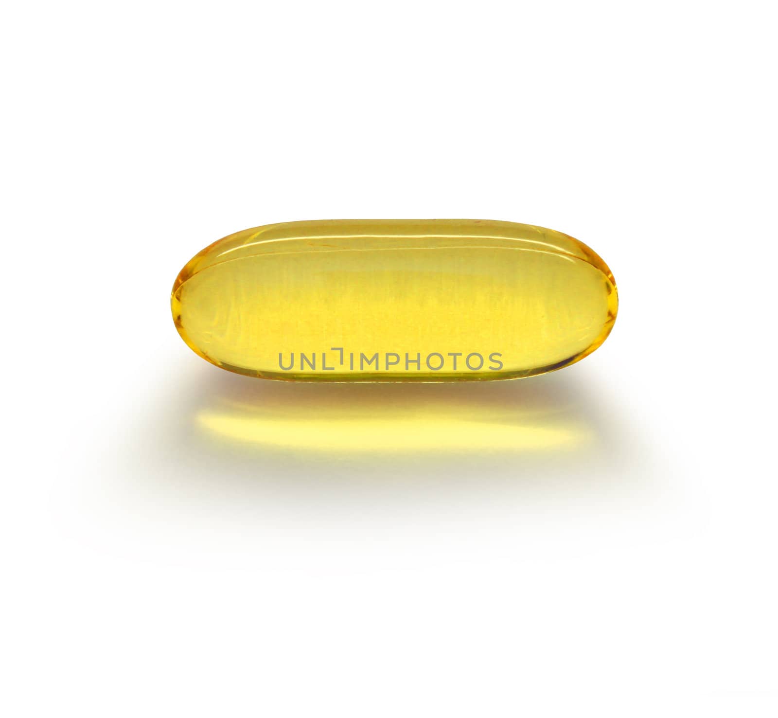 Transparent yellow fluid content medicine capsule on white background