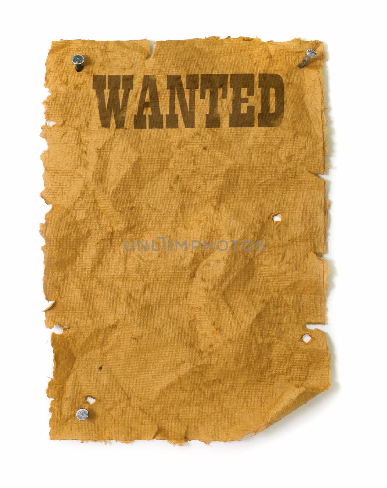 Wanted poster wild west style with nails, torn edges and bullet holes