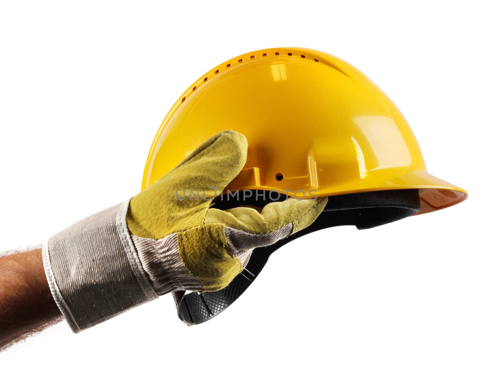 Male workers hand holding modern yellow hard hat