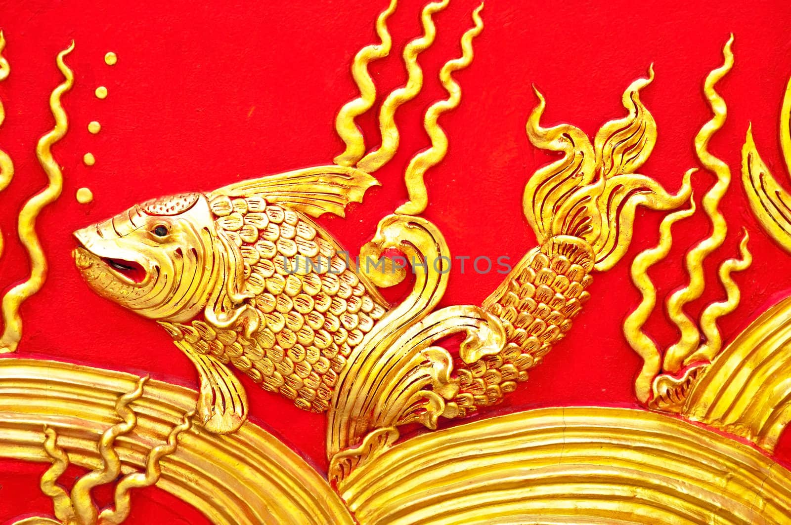 The gold stucco design of native thai style on the Wall by Yuri2012