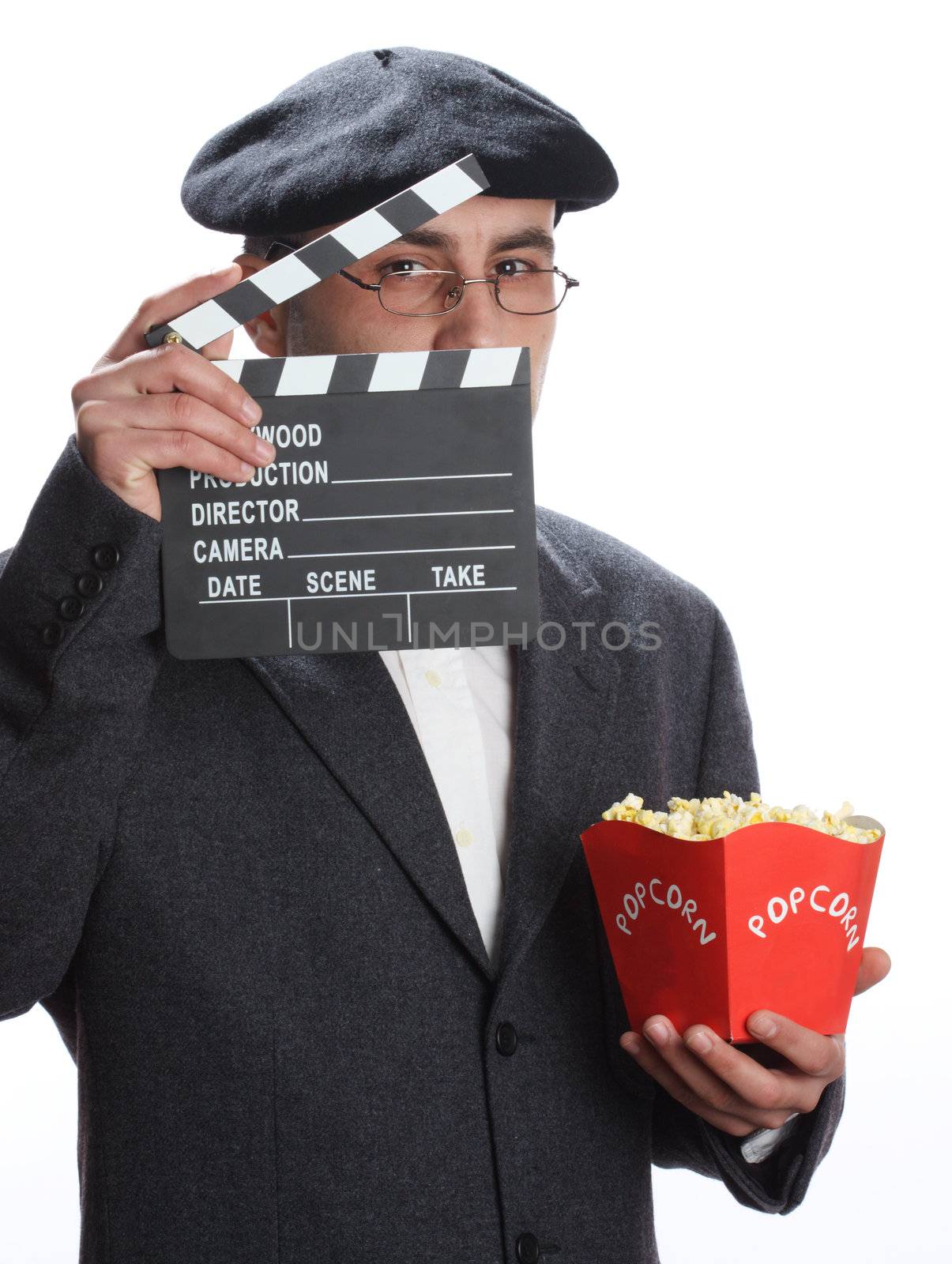 Old fashioned man looking through the movie clapper 