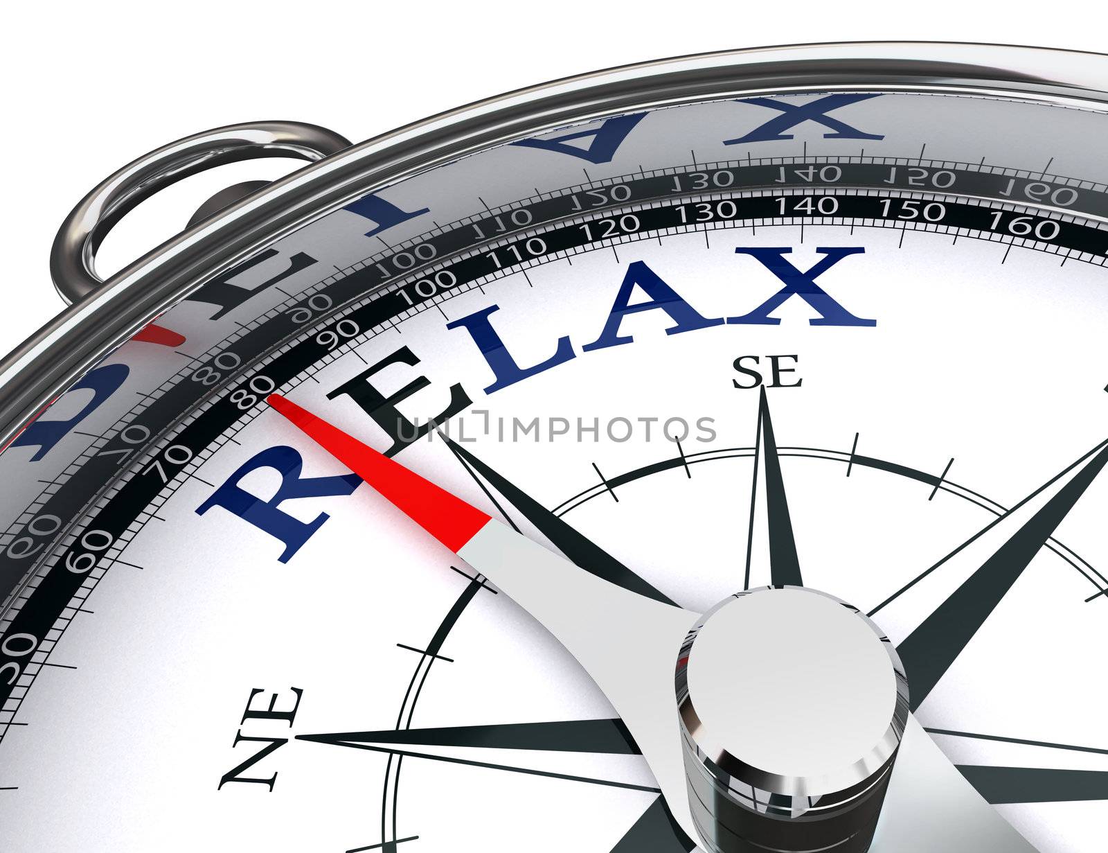 relax towards east blue word indicated by compass conceptual image.clipping path included