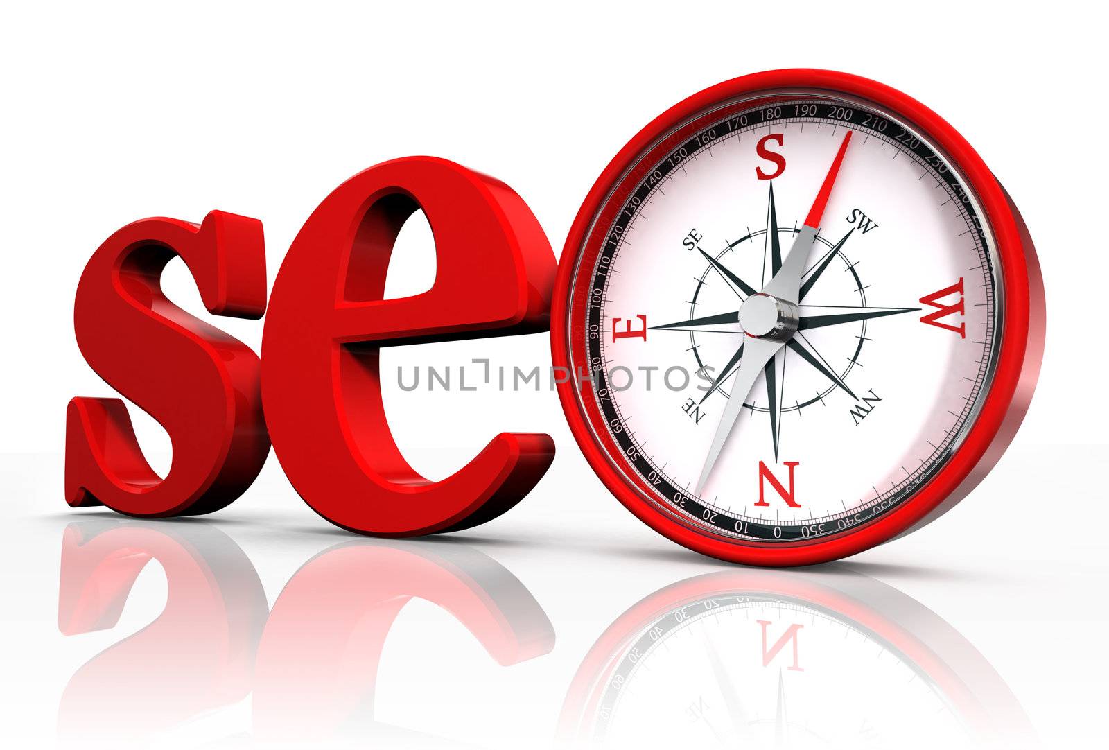 seo red word and conceptual compass on white background.clipping path included
