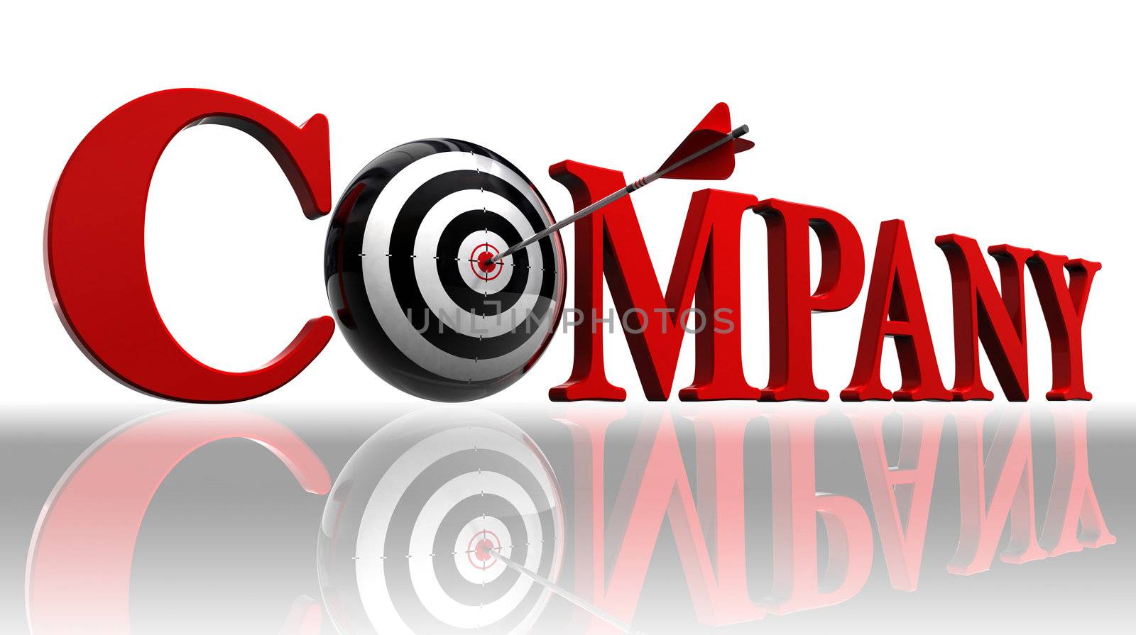 company red word and conceptual target with arrow on white background. clipping path included