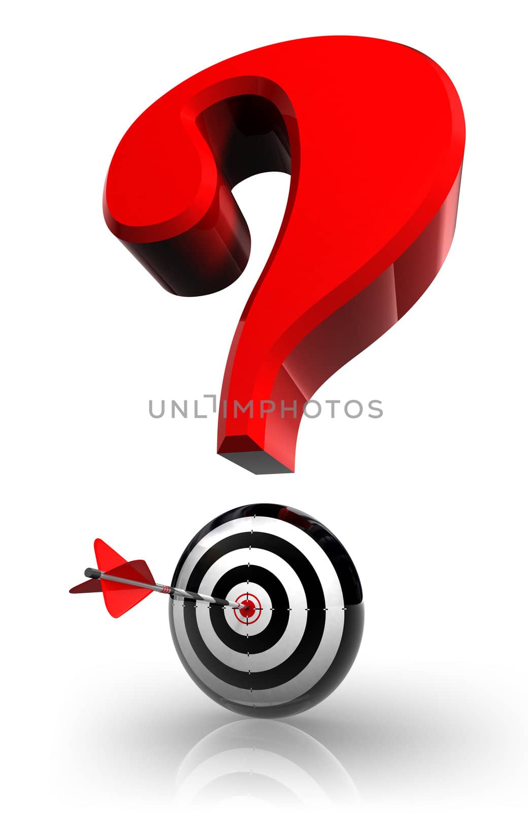 red questionmark and concept target with arrow on white background clipping path included